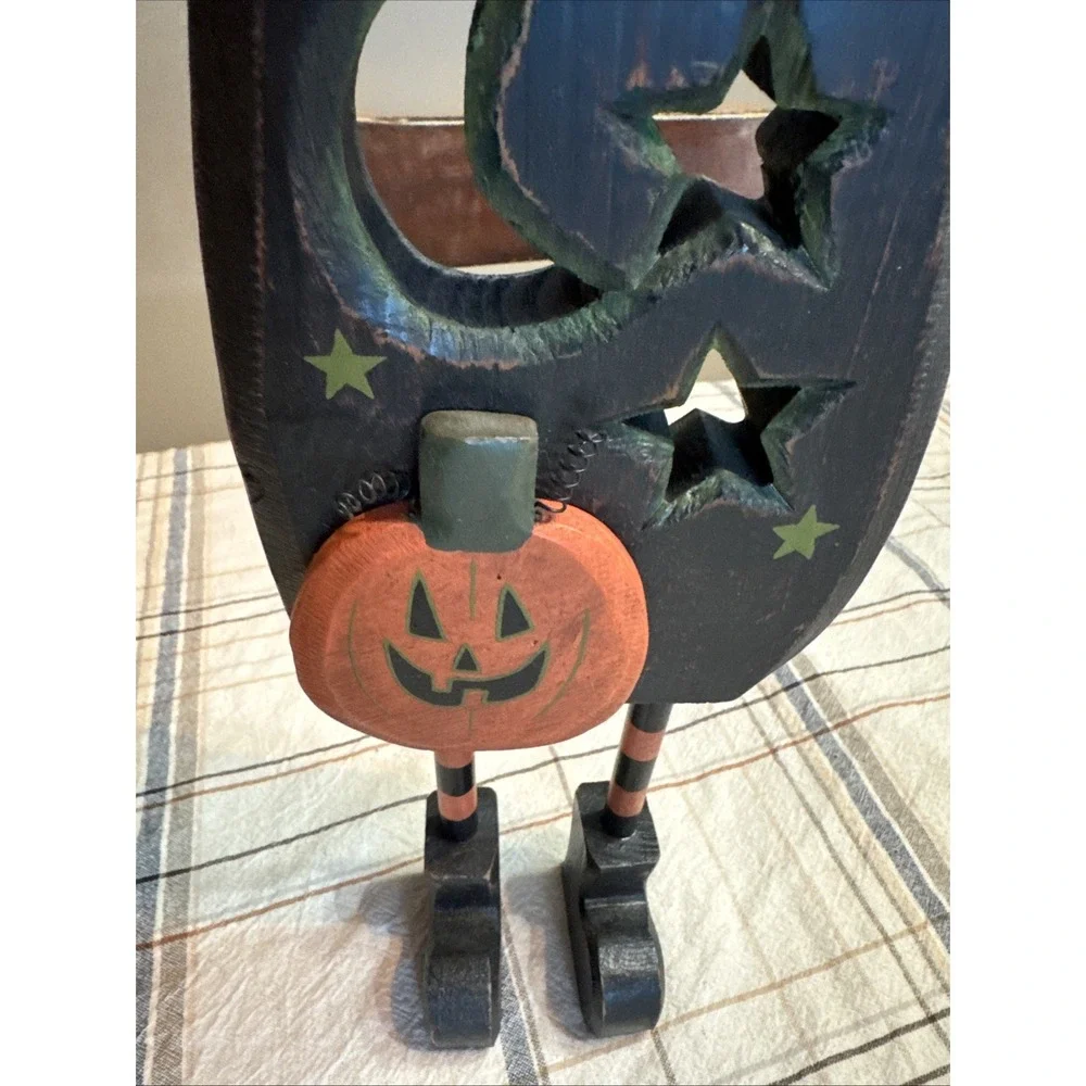 Wooden Black Cat Halloween Figurine Rustic Folk Art Anthropomophic Kitty Smiling